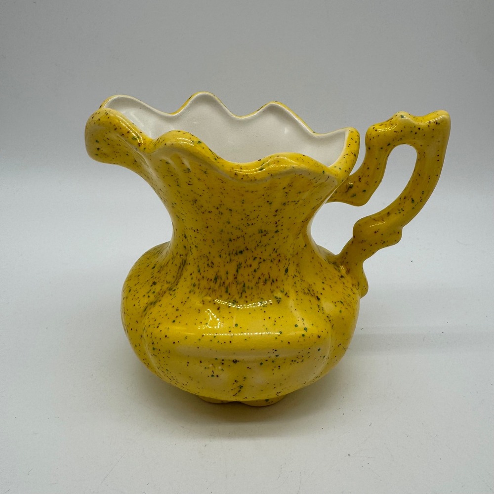 Vtg McCoy Pottery Small Yellow Speckled Pitcher Ruffled Rim Ornate Handle 5" Jug